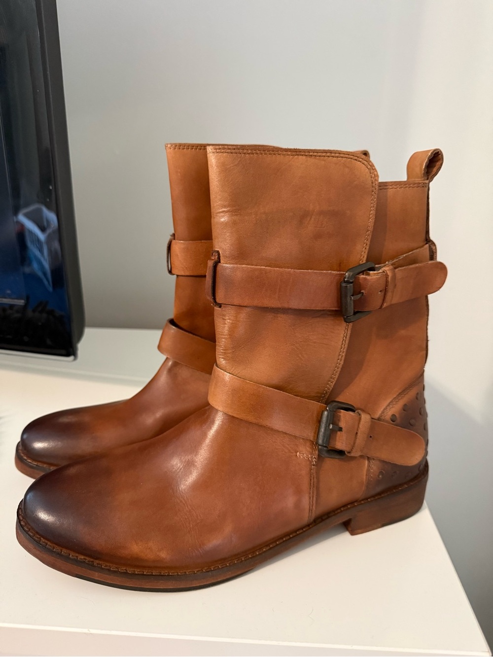 Women's Mid-Calf Buckle Moto Boot in Cognac Leather